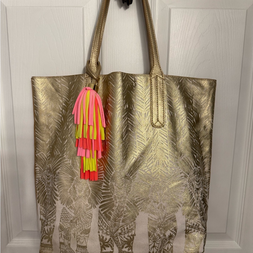 Lily Pulitzer Gold/White Tote Bag with Neon Tassel